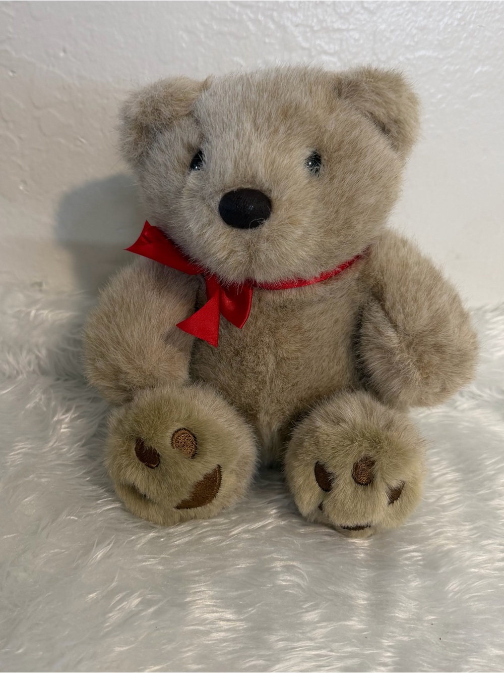 Vintage Rare Mervyn’s Plush Teddy Bear with Red Ribbon, embroidered
